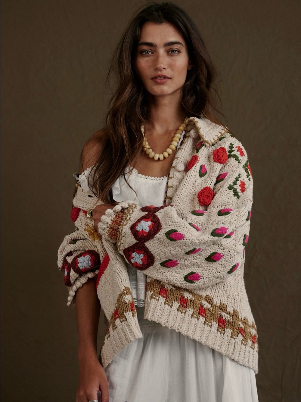 Hand-Knit Floral Cream Cardigan Sweater